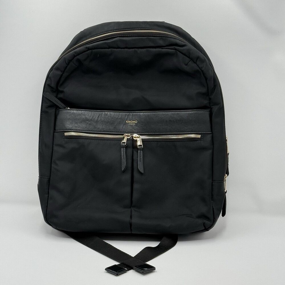 Knomo London Leather Backpack Black Gold Hardware Red Trim Laptop Bag